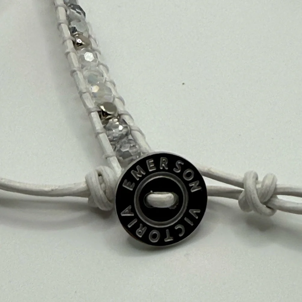 Victoria Emerson 5‑Wrap Bracelet – Iridescent Silver & Clear Crystals White Cord
